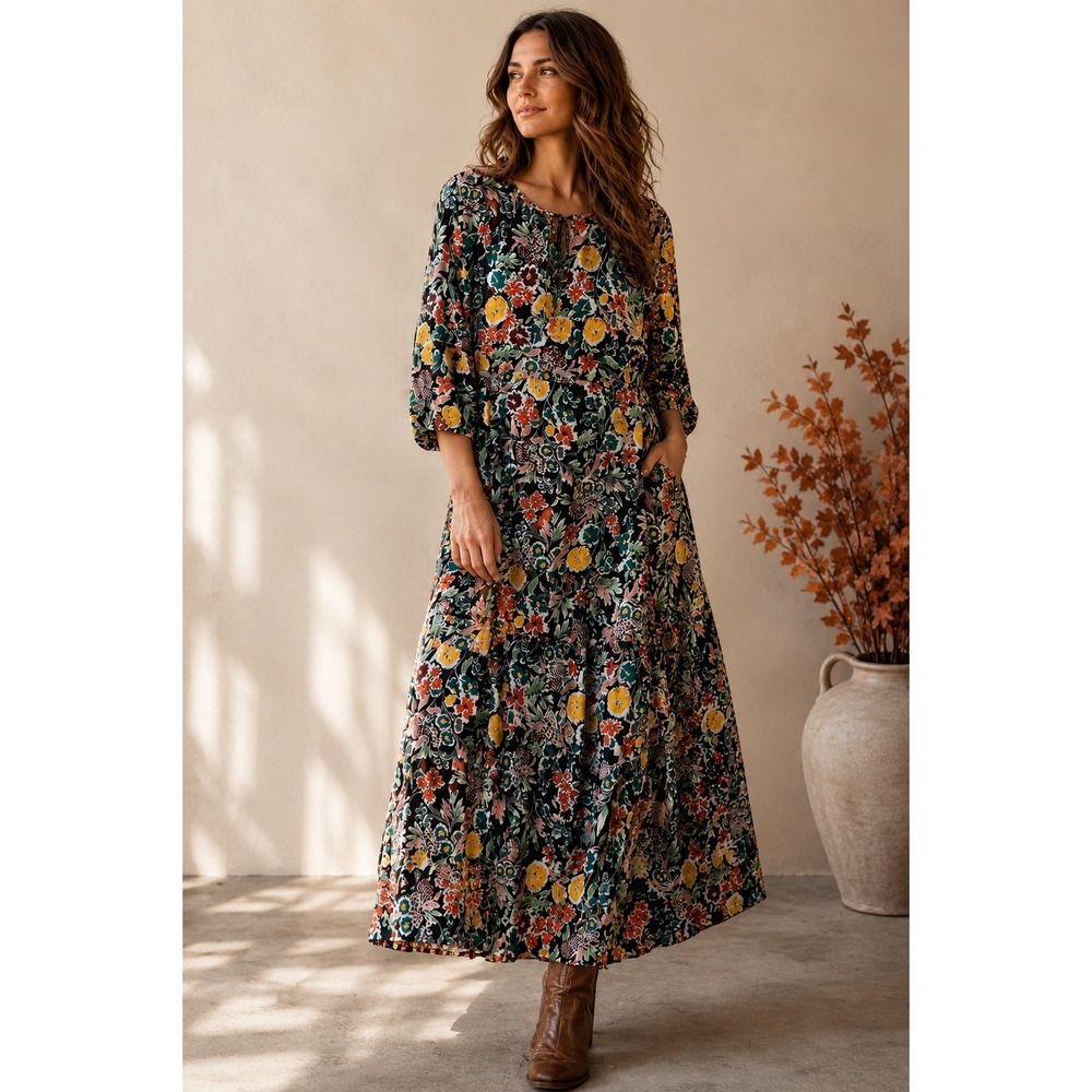 Natural Life Floral Tiered Maxi Dress Black Multi Boho Split Neck L/XL Fall